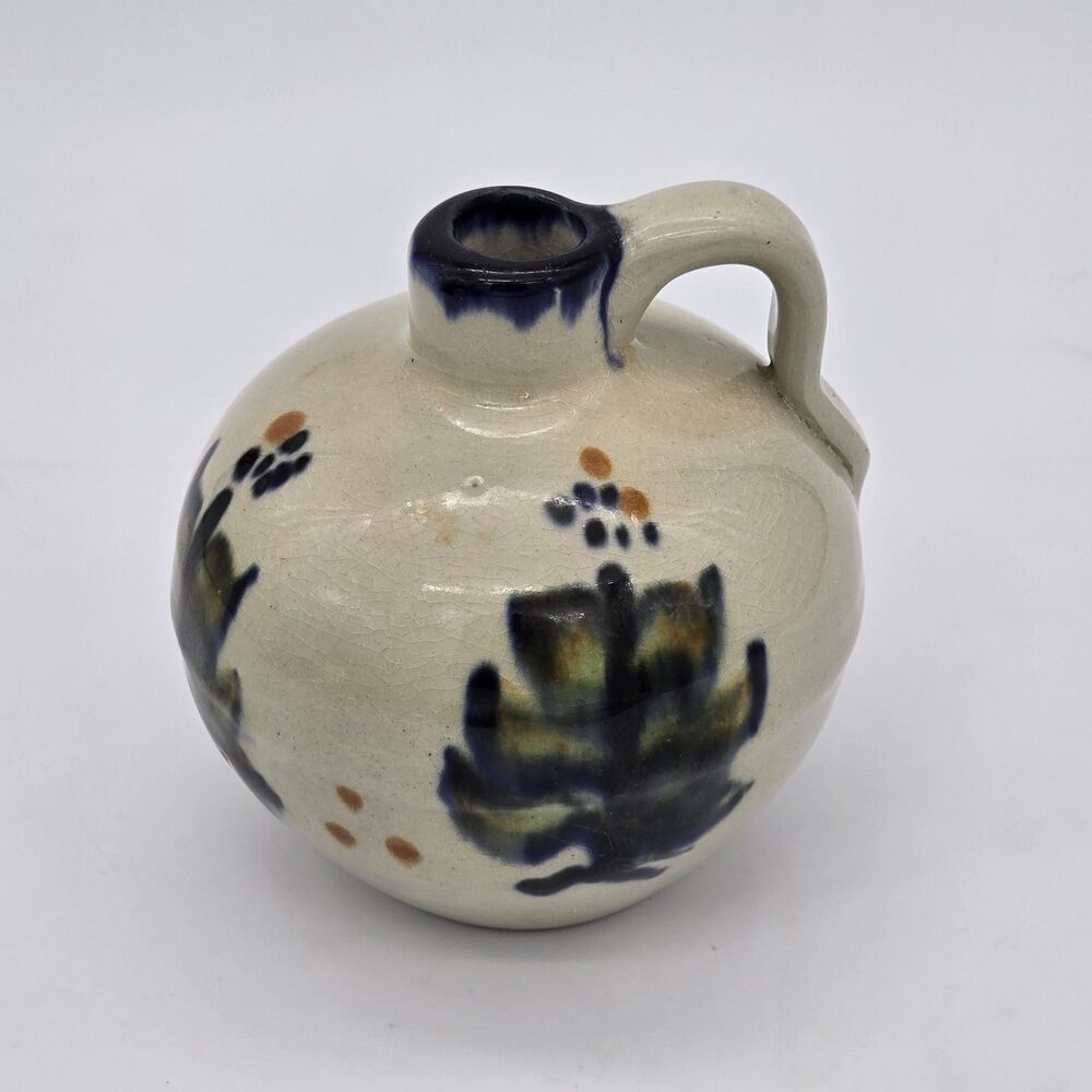 Stoneware Jug with Handle Hand Painted Floral 4 1/2" Marked